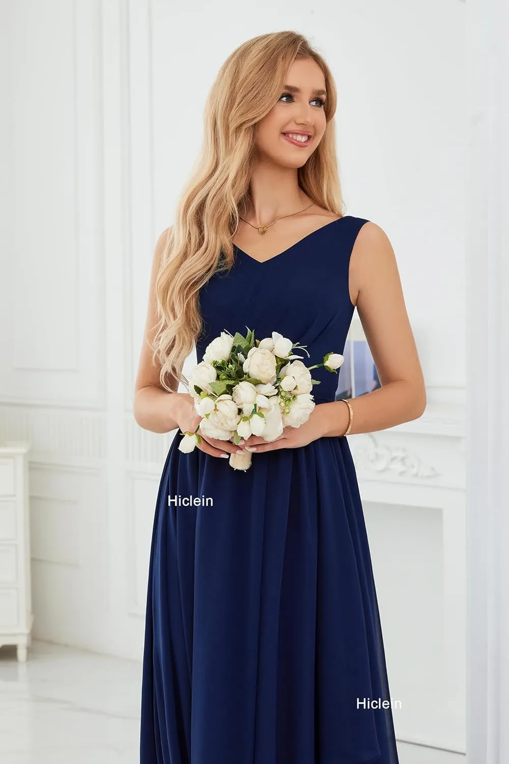 Women's V Neck Bridesmaid Dresses for Wedding High Low Chiffon Ruffle Formal Evening Dress with Slit
