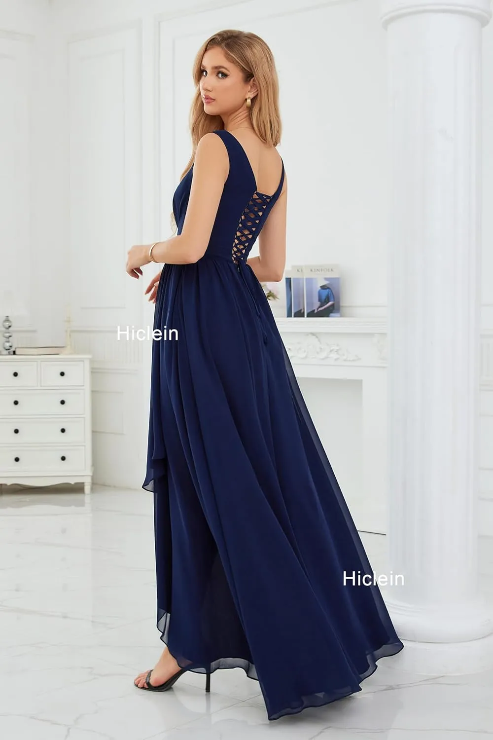 Women's V Neck Bridesmaid Dresses for Wedding High Low Chiffon Ruffle Formal Evening Dress with Slit