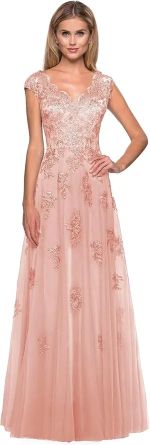 Women's V Neck Cap Sleeves Mother of The Bride Dresses Long Lace Formal Prom Evening Gowns with Pockets