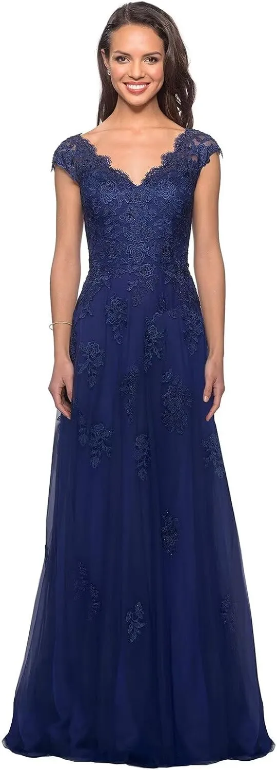 Women's V Neck Cap Sleeves Mother of The Bride Dresses Long Lace Formal Prom Evening Gowns with Pockets