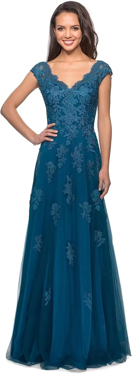 Women's V Neck Cap Sleeves Mother of The Bride Dresses Long Lace Formal Prom Evening Gowns with Pockets