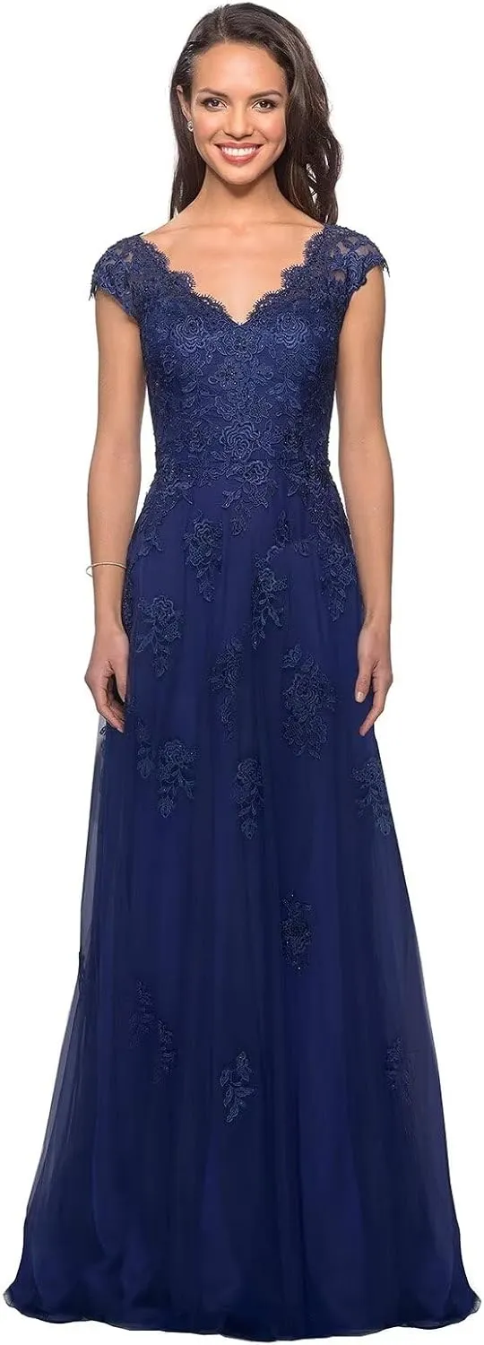 Women's V Neck Cap Sleeves Mother of The Bride Dresses Long Lace Formal Prom Evening Gowns with Pockets