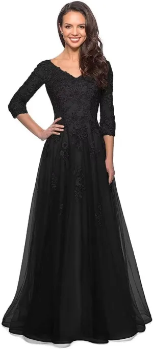 Women's V-Neck Lace Applique Mother of The Bride Dresses Tulle A Line Formal Evening Gown Size 12 Black