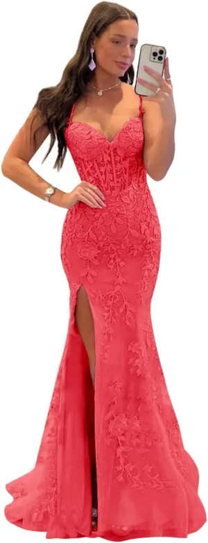 Women's V Neck Lace Appliques Tulle Long Prom Dresses with Slit Spaghetti Straps Corset Formal Evening Dress