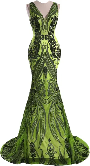 Women's V-Neck Sequins Mermaid Prom Evening Party Dress Sleeveless Lace-up Celebrity Pageant Gown