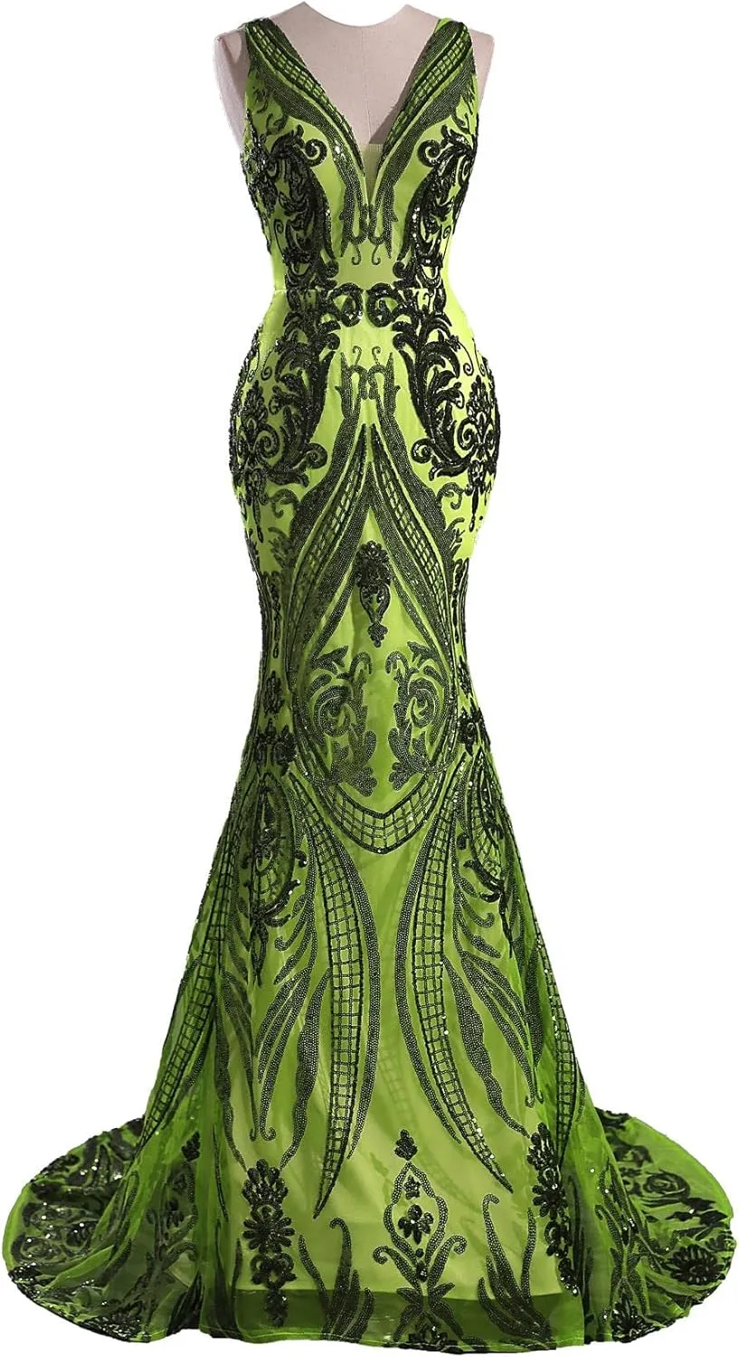 Women's V-Neck Sequins Mermaid Prom Evening Party Dress Sleeveless Lace-up Celebrity Pageant Gown