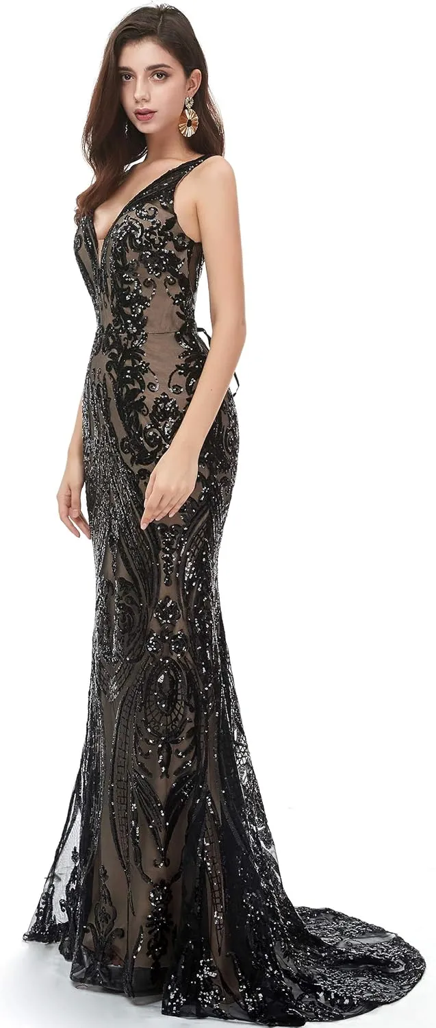 Women's V-Neck Sequins Sleeveless Lace-up Mermaid Evening Dress