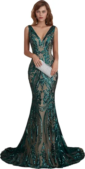 Women's V-Neck Sequins Sleeveless Lace-up Mermaid Evening Dress