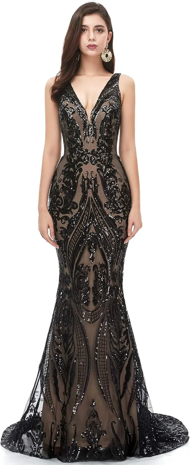 Women's V-Neck Sequins Sleeveless Lace-up Mermaid Evening Dress