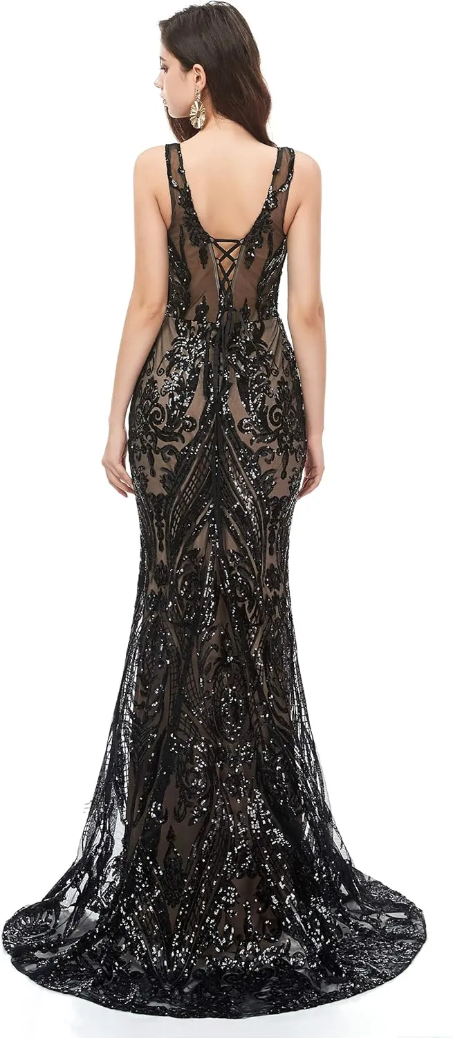 Women's V-Neck Sequins Sleeveless Lace-up Mermaid Evening Dress