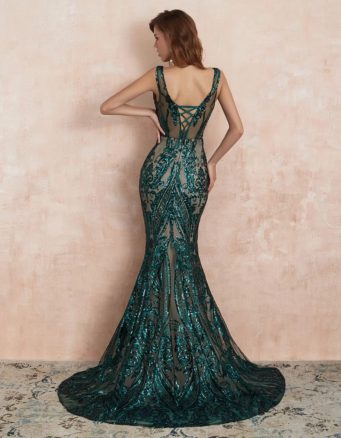Women's V-Neck Sequins Sleeveless Lace-up Mermaid Evening Dress