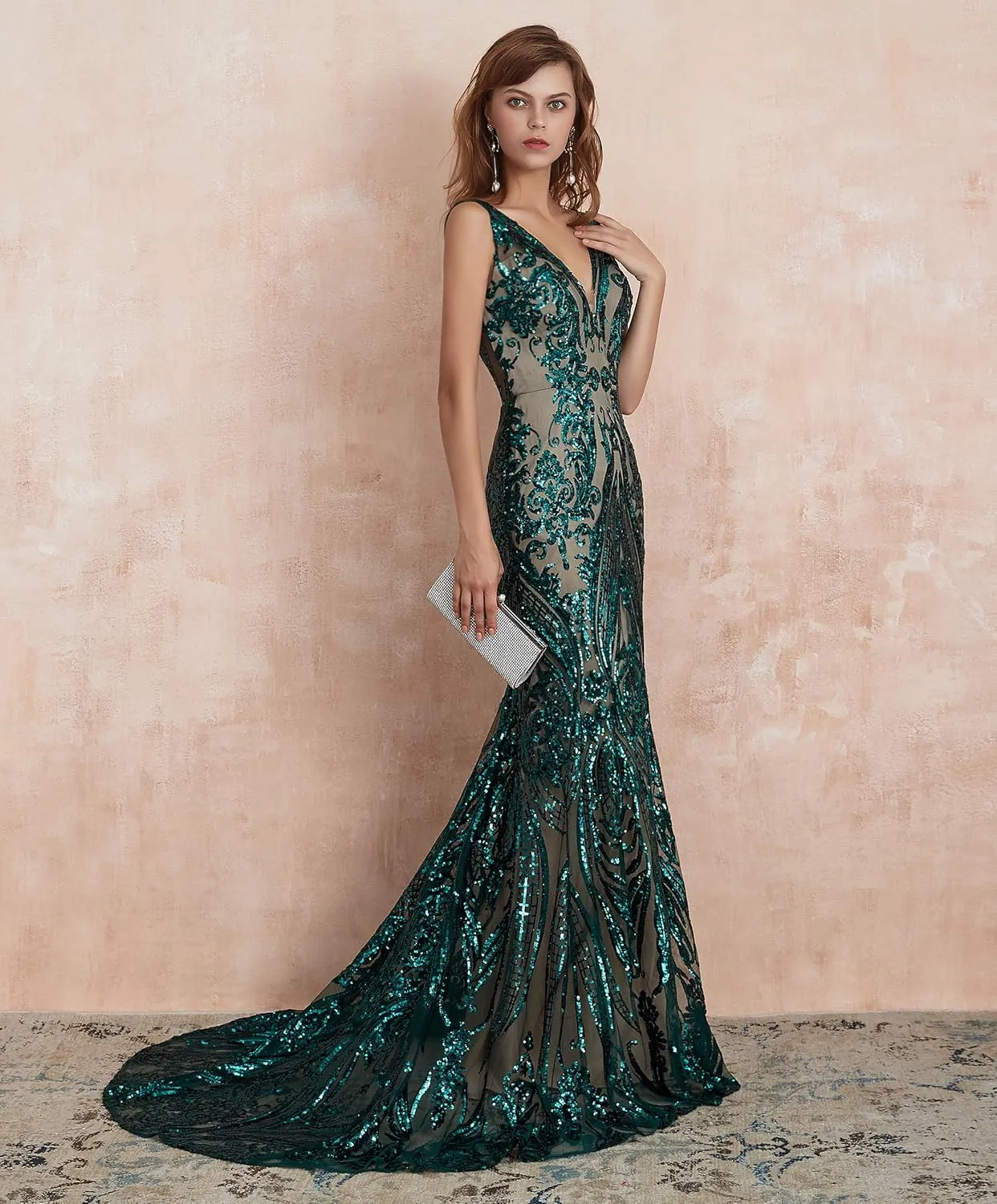 Women's V-Neck Sequins Sleeveless Lace-up Mermaid Evening Dress