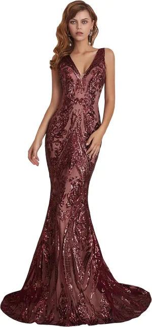 Women's V-Neck Sequins Sleeveless Lace-up Mermaid Evening Dress
