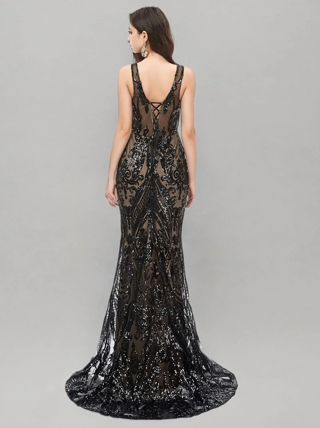 Women's V-Neck Sequins Sleeveless Lace-up Mermaid Evening Dress