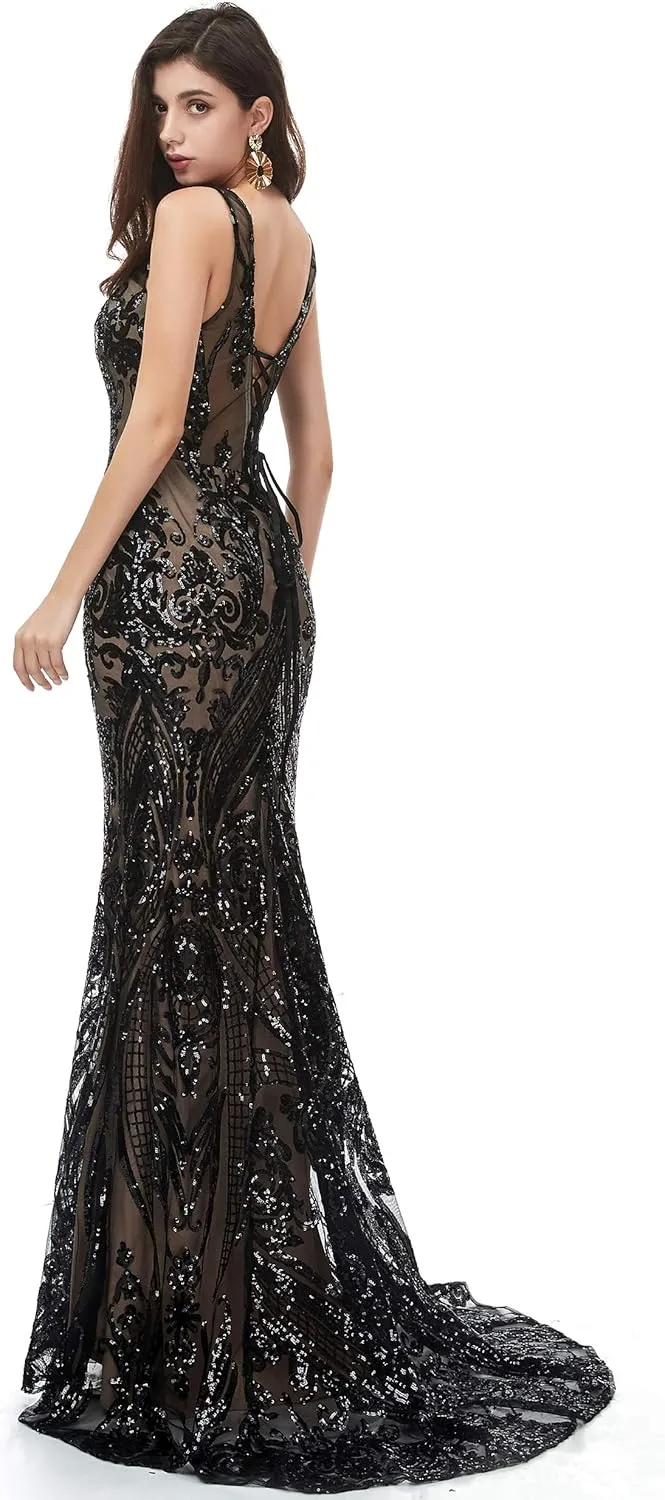 Women's V-Neck Sequins Sleeveless Lace-up Mermaid Evening Dress