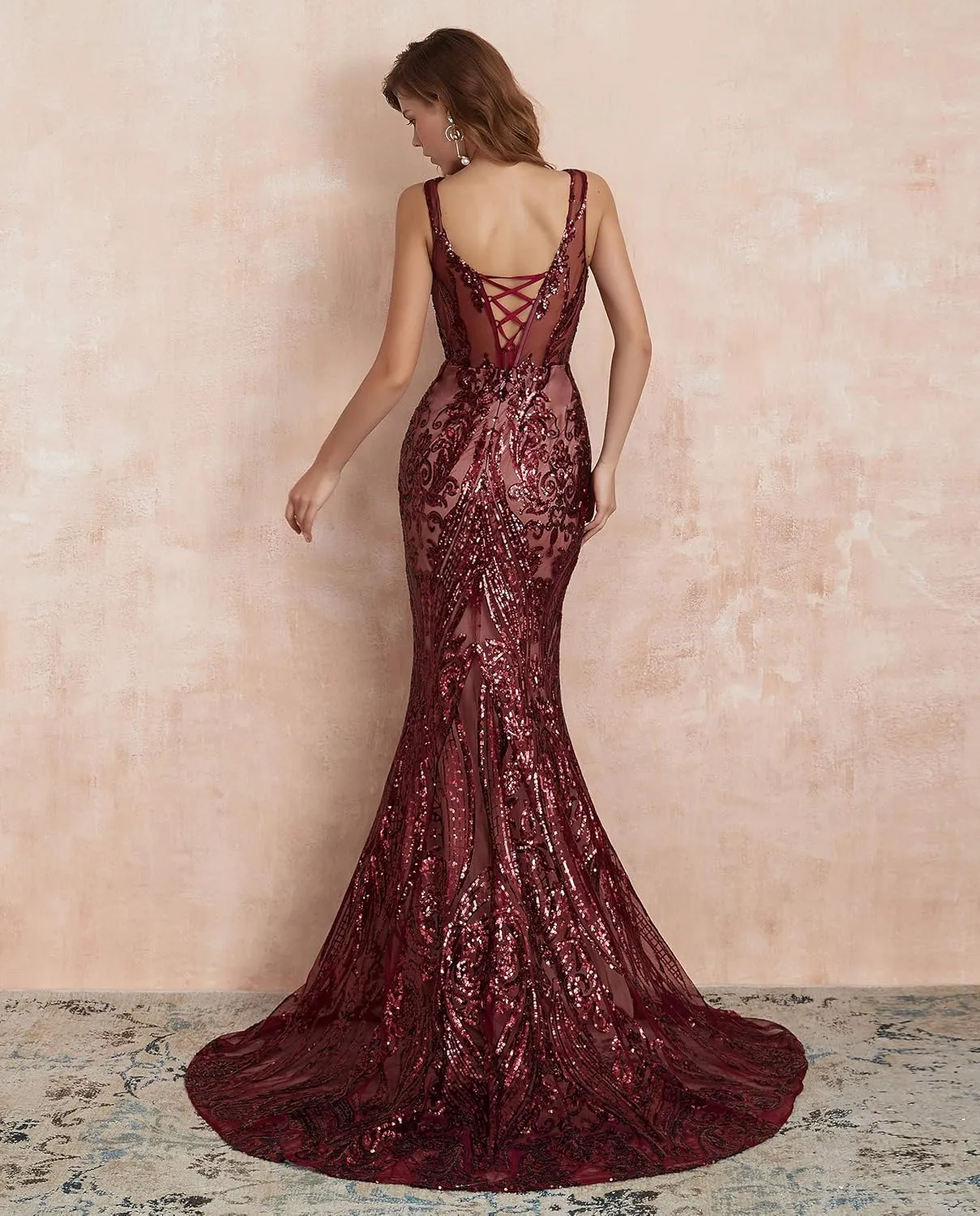 Women's V-Neck Sequins Sleeveless Lace-up Mermaid Evening Dress