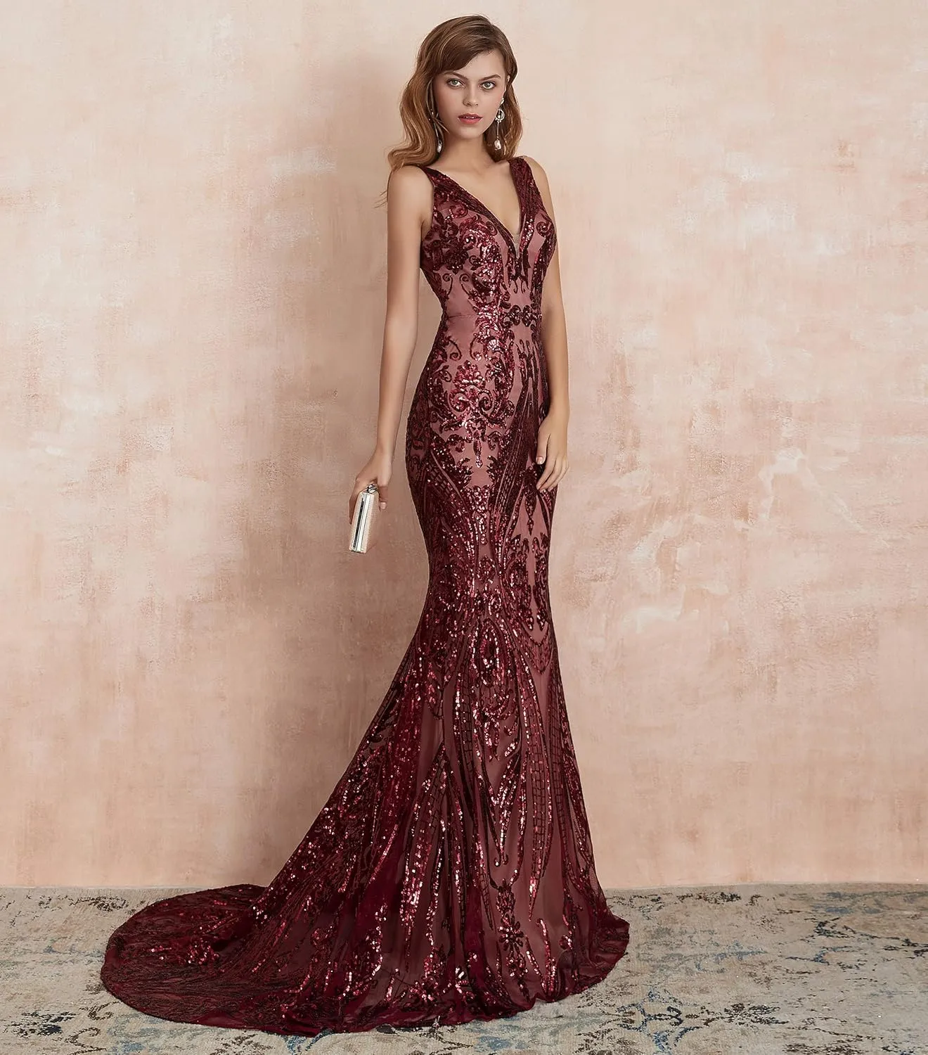 Women's V-Neck Sequins Sleeveless Lace-up Mermaid Evening Dress