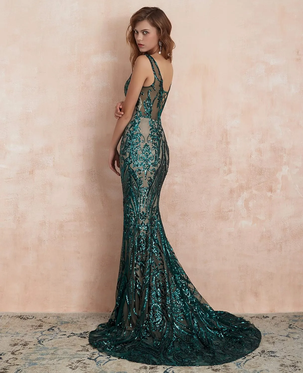 Women's V-Neck Sequins Sleeveless Lace-up Mermaid Evening Dress