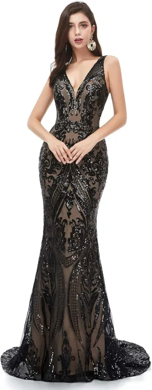 Women's V-Neck Sequins Sleeveless Lace-up Mermaid Evening Dress