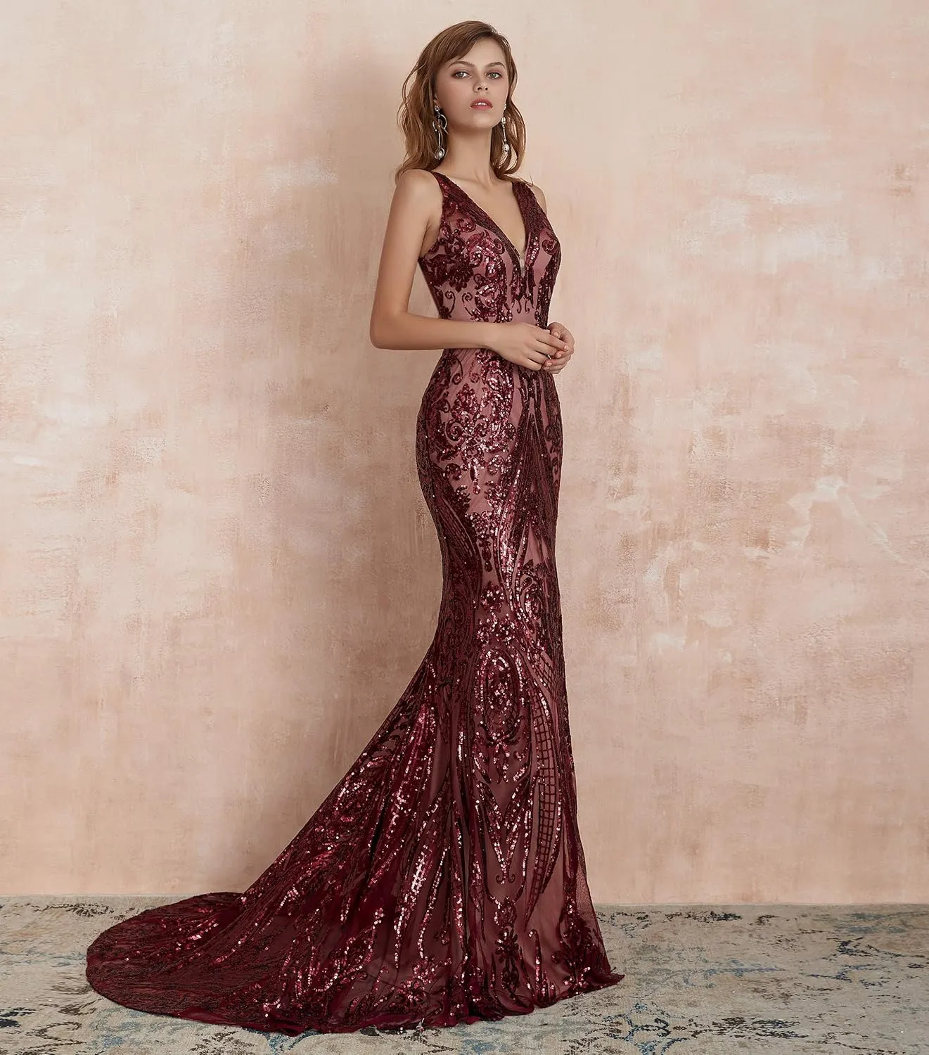 Women's V-Neck Sequins Sleeveless Lace-up Mermaid Evening Dress