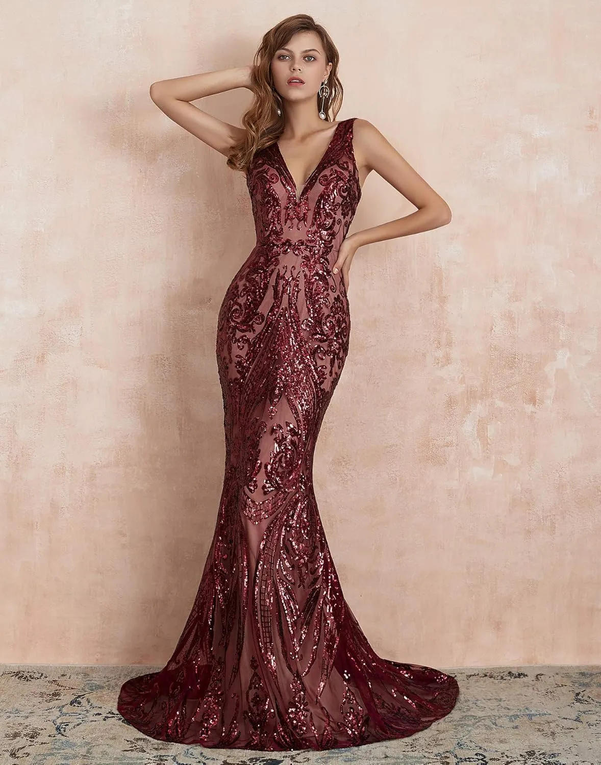 Women's V-Neck Sequins Sleeveless Lace-up Mermaid Evening Dress