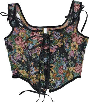 Women's Vintage Court Bustier Corset U Neck Front Tie Floral Vest Tops