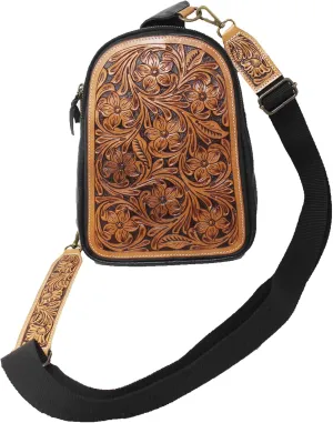 Women's Western Floral Tooled Cowhide Leather Adjustable Crossbody Sling Bag Purse 18FKB
