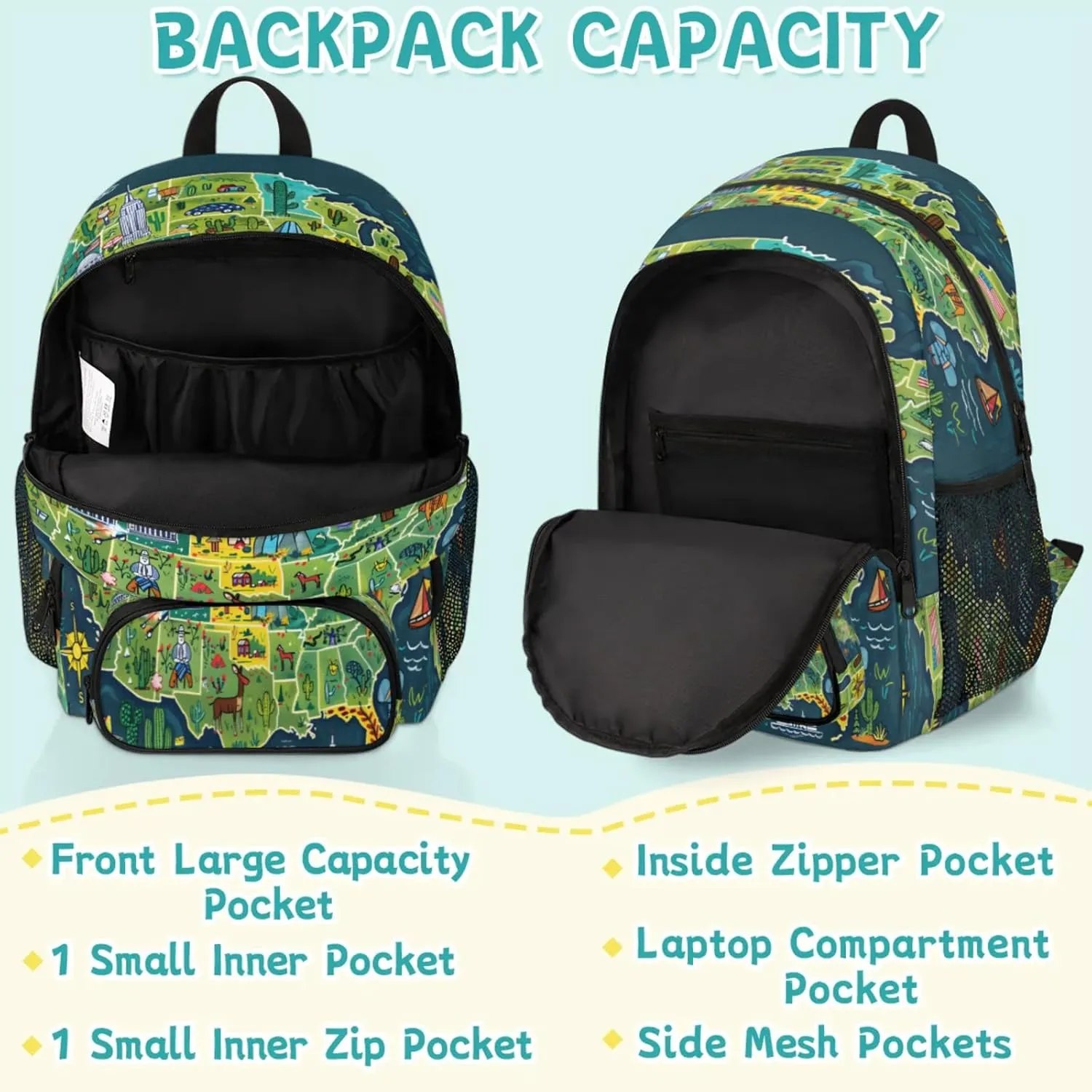 World Map Travel Laptop Backpacks for Women Men, Fun Facts Geography 16.7" Waterproof Back Pack Casual Daypack for Travel