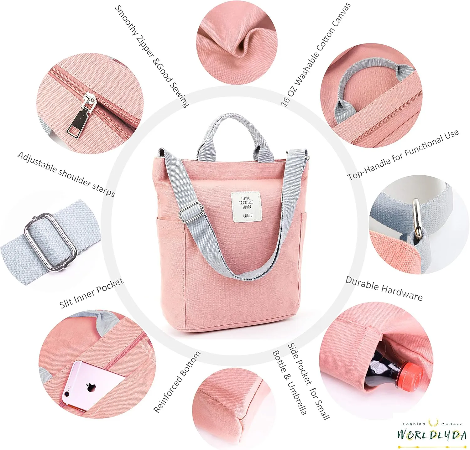 Worldlyda Women Canvas Tote Purse Large Shoulder Bag Casual Crossbody Hobo Top Handle Handbags