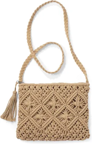 Woven Crossbody Bag for Women, Cotton Macramé Purse with Tassels, Boho Crochet Beach Summer Handbag for Vacations, 10” x 8”