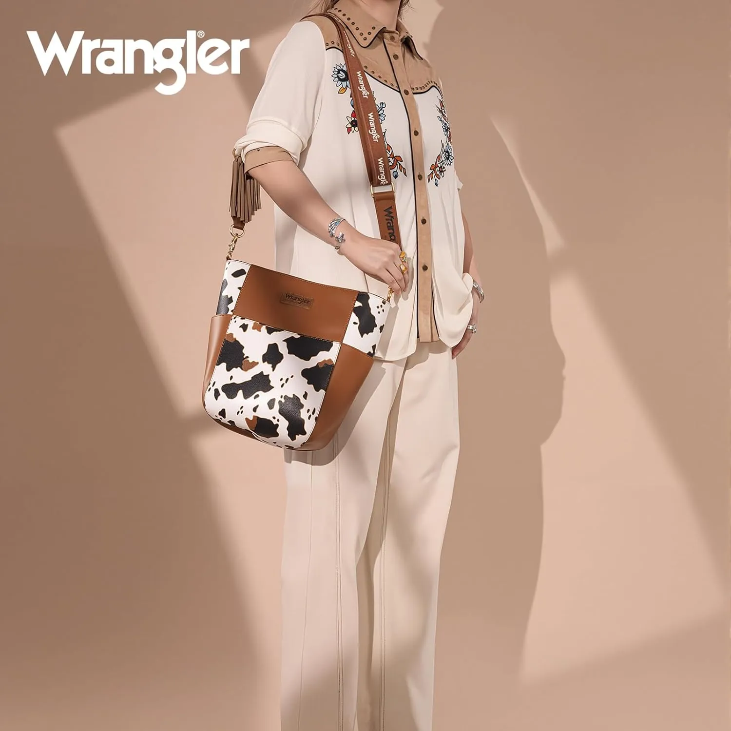 Wrangler MEDIUM Crossbody Bag for Women Vegan Leather Bucket Handbags with Guitar Strap