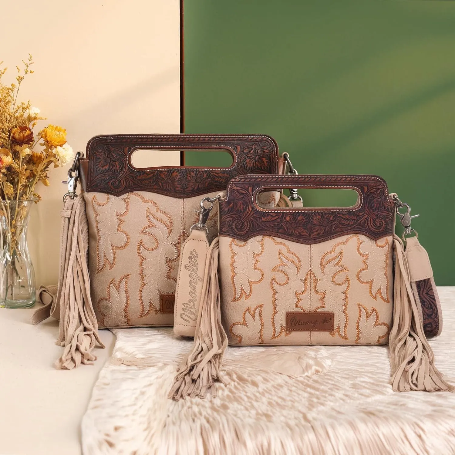 Wrangler Top Handle Handbags Western Fringe Crossbody Bag for Women Embroidered Boot Scroll Ladies Handbag