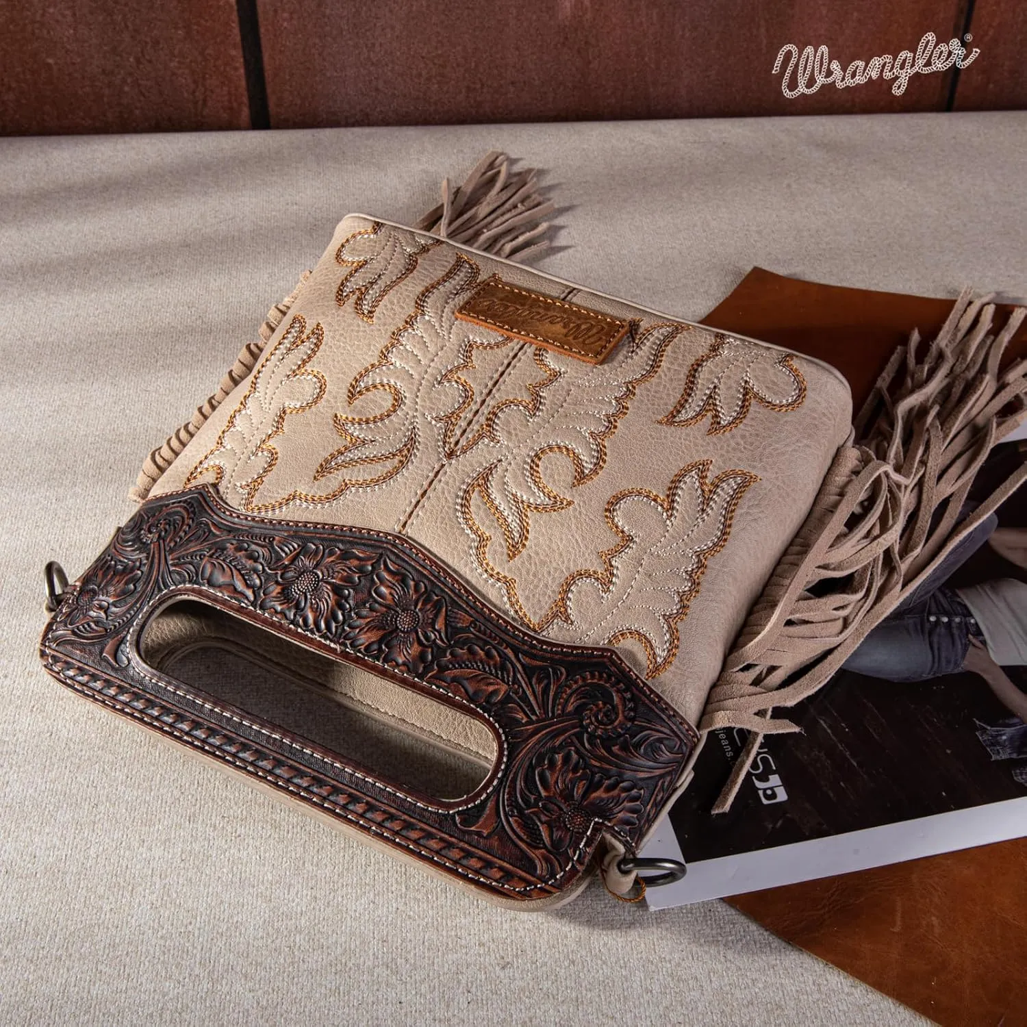 Wrangler Top Handle Handbags Western Fringe Crossbody Bag for Women Embroidered Boot Scroll Ladies Handbag
