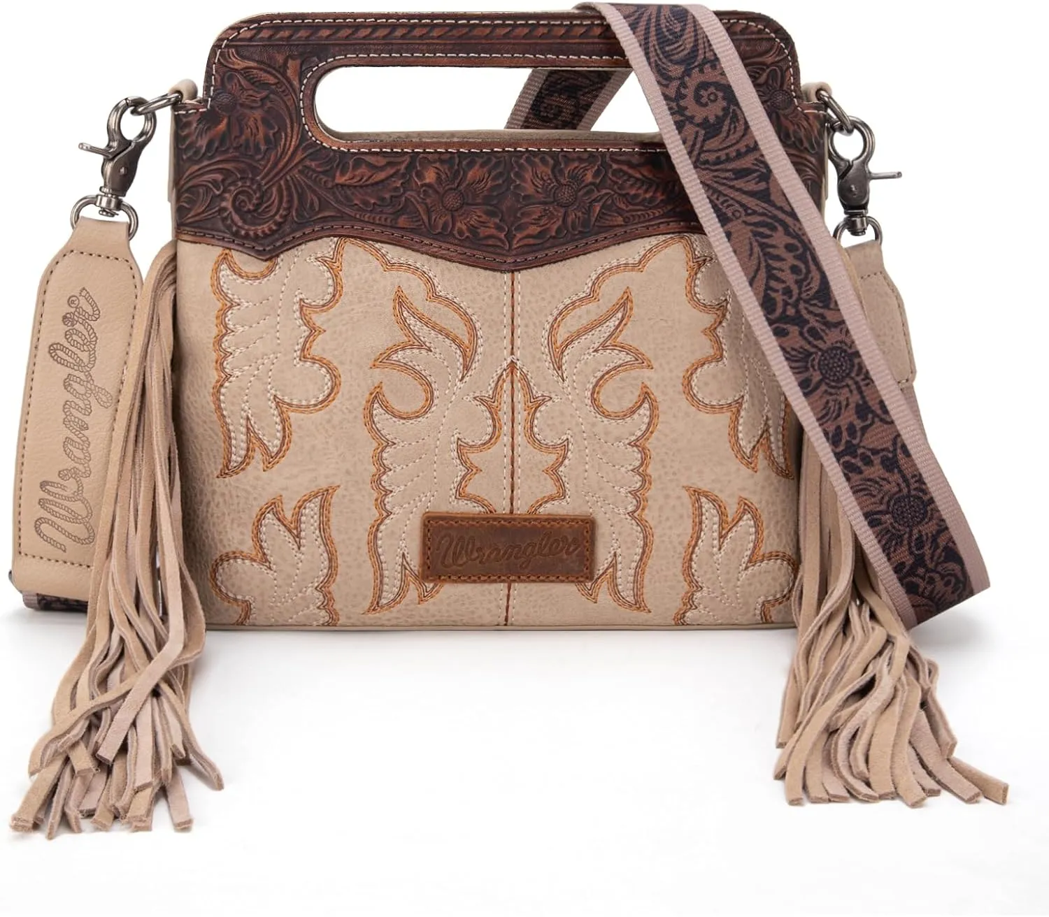 Wrangler Top Handle Handbags Western Fringe Crossbody Bag for Women Embroidered Boot Scroll Ladies Handbag