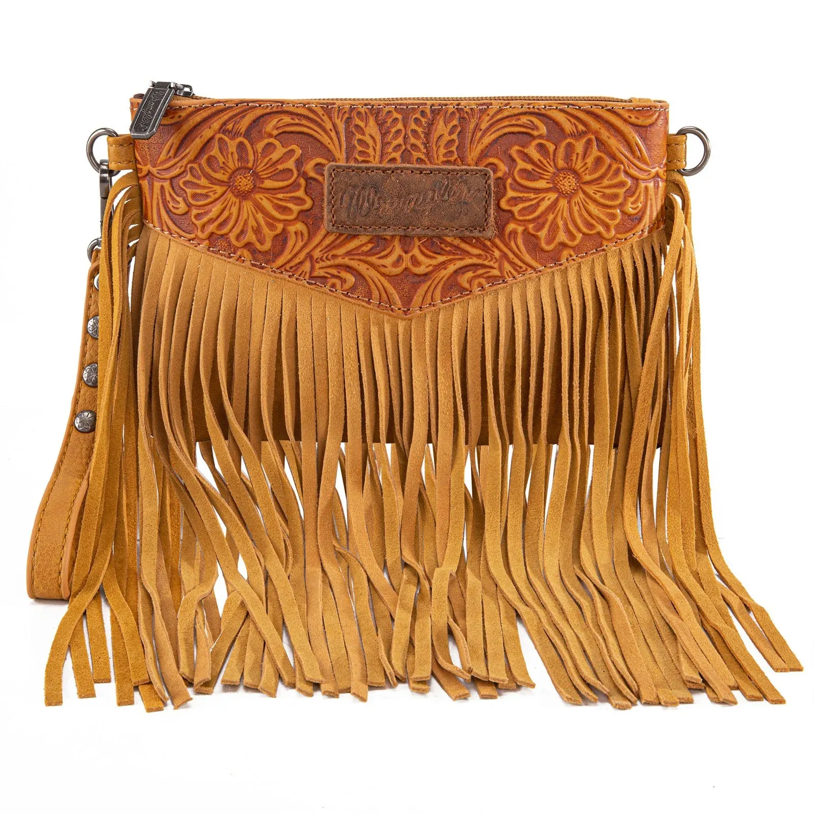 Wrangler Vintage Floral Tooled Collection Fringe Crossbody or Wristlet - Yellow