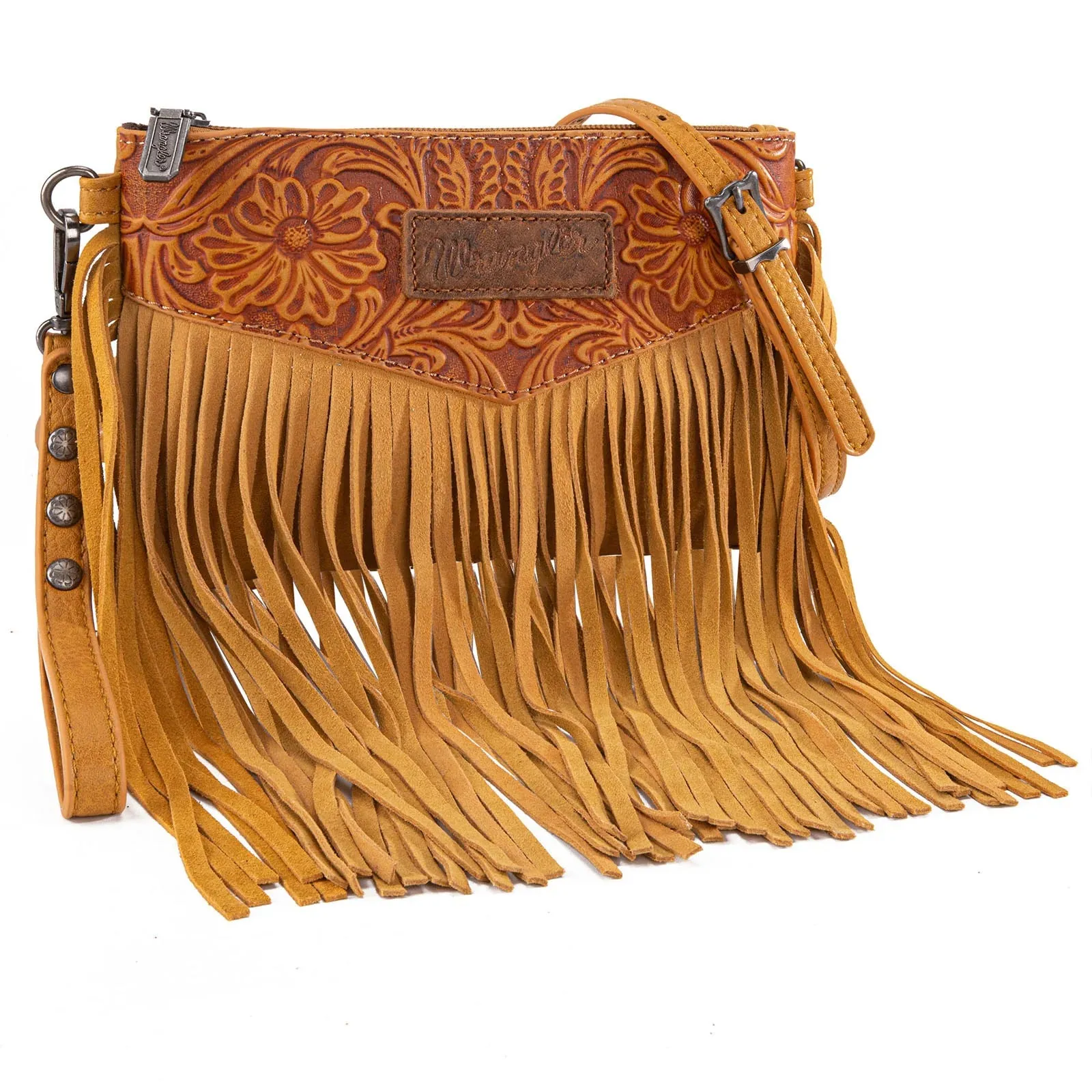 Wrangler Vintage Floral Tooled Collection Fringe Crossbody or Wristlet - Yellow