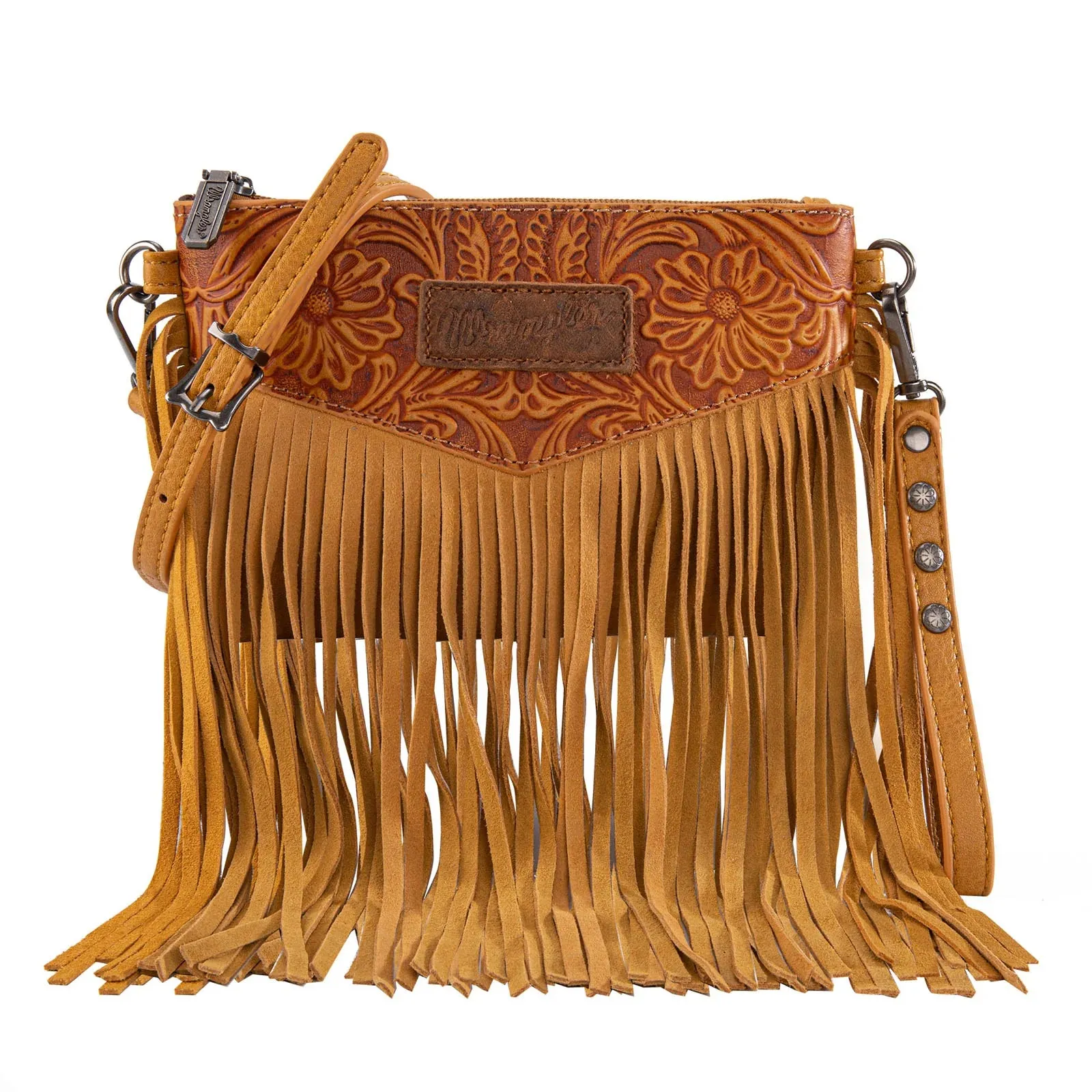Wrangler Vintage Floral Tooled Collection Fringe Crossbody or Wristlet - Yellow