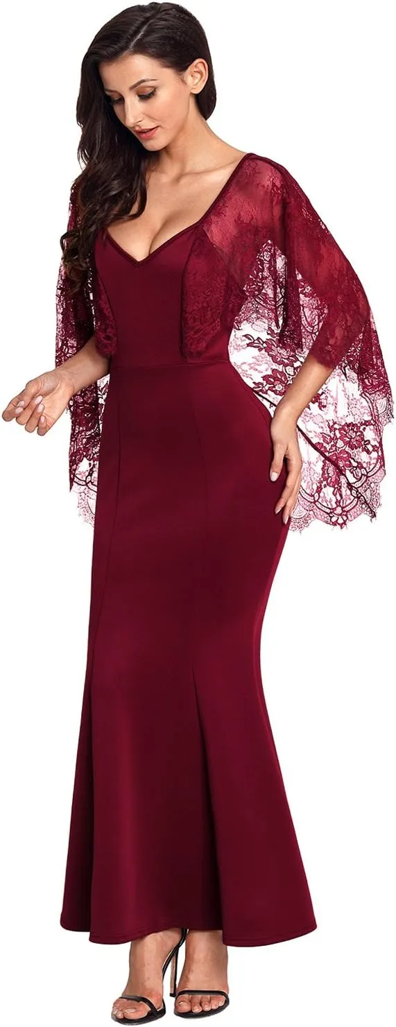 XAKALAKA Women's Backless Evening Dress Lace Sleeve Sexy Formal Gown