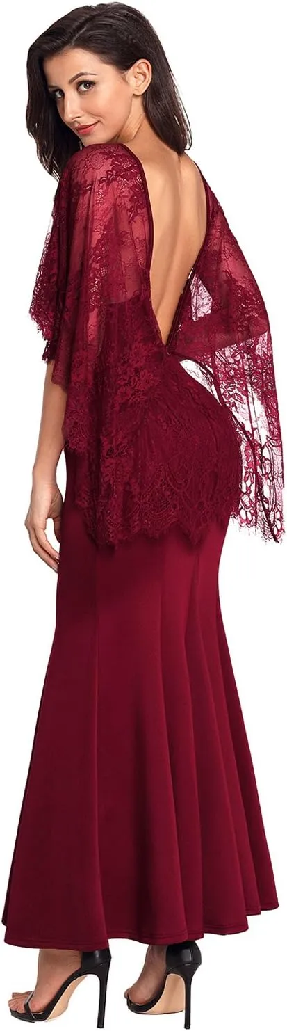 XAKALAKA Women's Backless Evening Dress Lace Sleeve Sexy Formal Gown