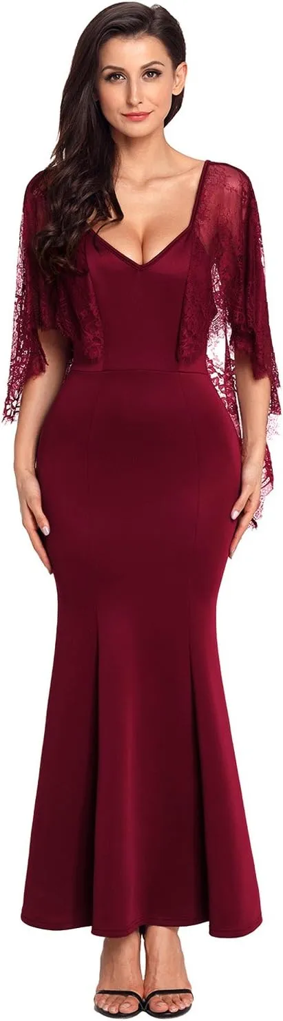 XAKALAKA Women's Backless Evening Dress Lace Sleeve Sexy Formal Gown