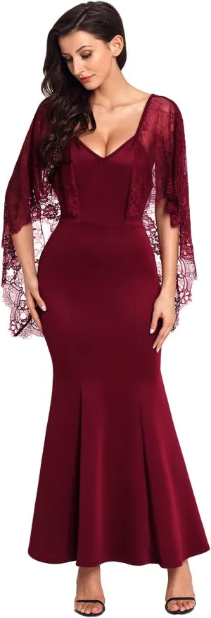 XAKALAKA Women's Backless Evening Dress Lace Sleeve Sexy Formal Gown