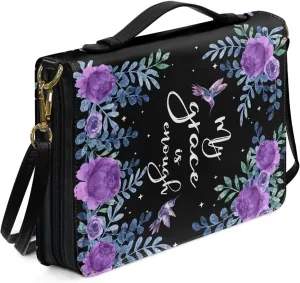 Xoenoiee Hummingbird Purple Floral Print Bible Cover Bible Case for Women Men, My Grace is Enough Leather Carrying Book Case Church Bag with Detachable Strap, X-Large