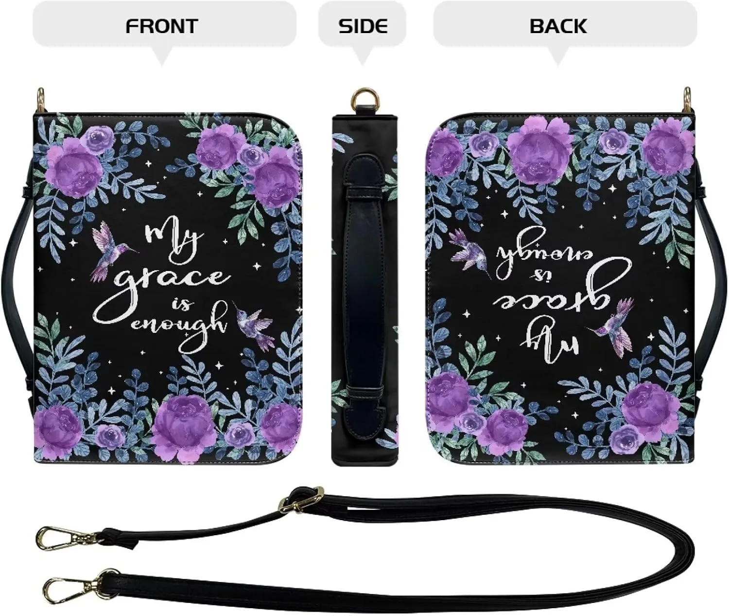 Xoenoiee Hummingbird Purple Floral Print Bible Cover Bible Case for Women Men, My Grace is Enough Leather Carrying Book Case Church Bag with Detachable Strap, X-Large