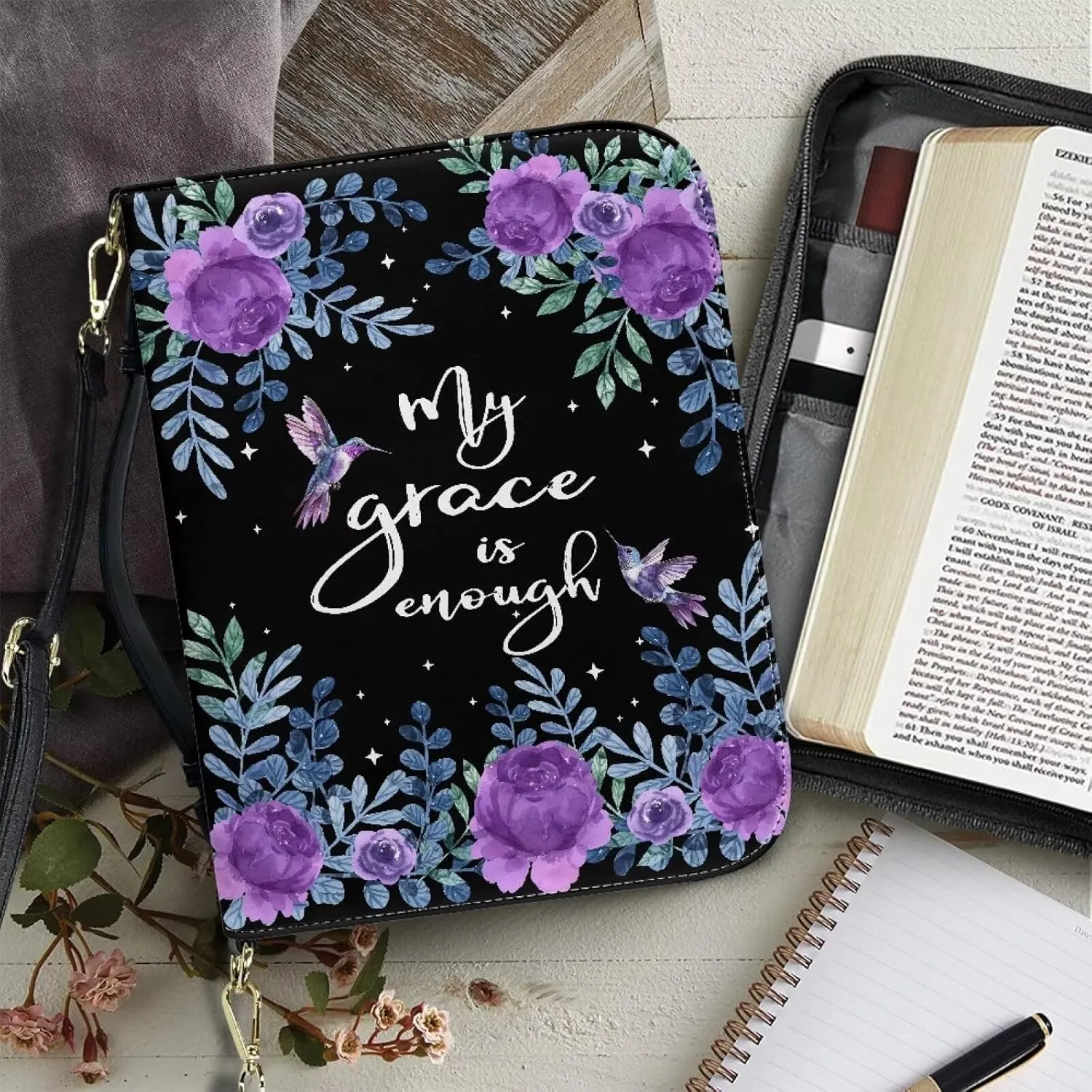 Xoenoiee Hummingbird Purple Floral Print Bible Cover Bible Case for Women Men, My Grace is Enough Leather Carrying Book Case Church Bag with Detachable Strap, X-Large