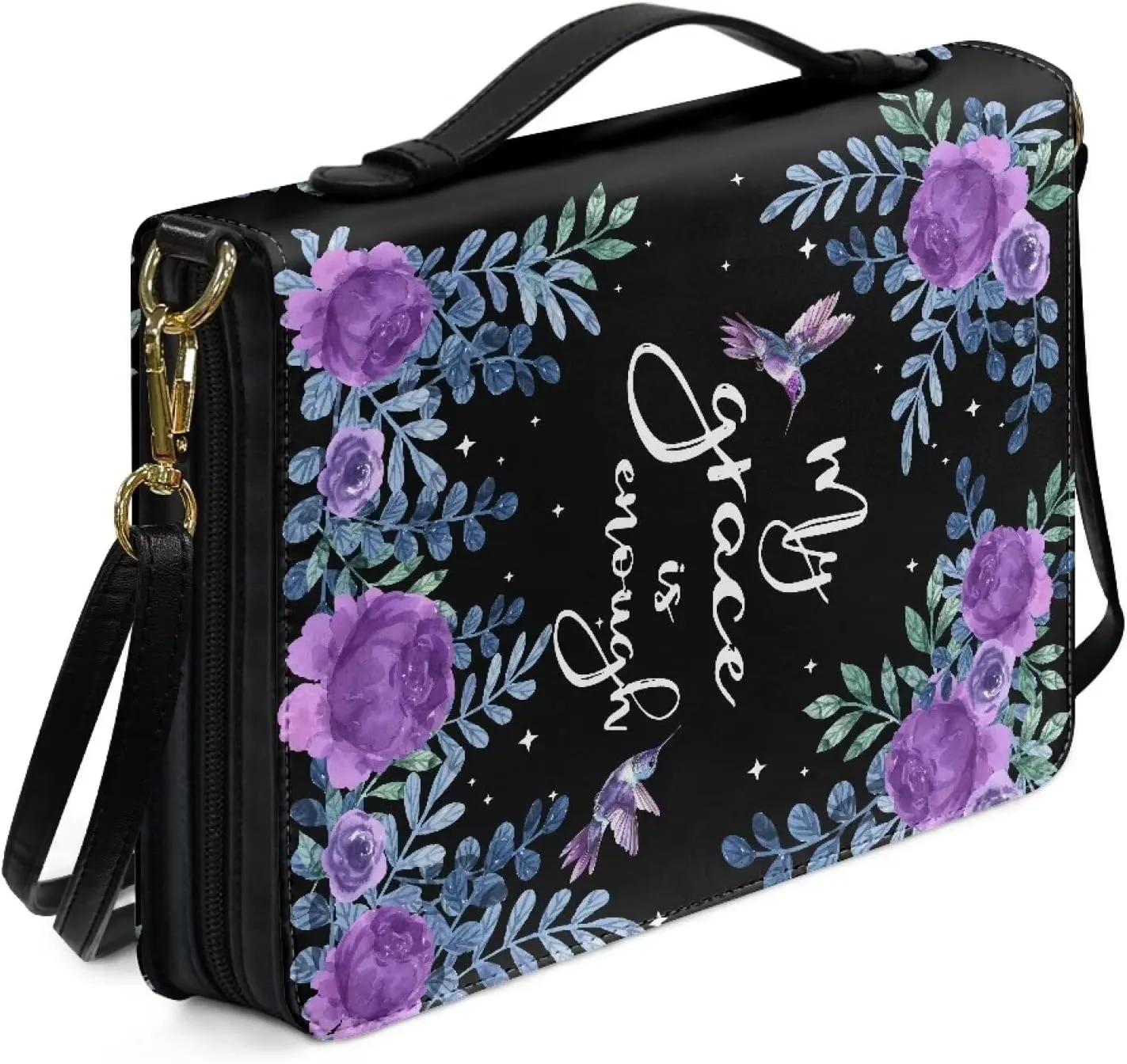 Xoenoiee Hummingbird Purple Floral Print Bible Cover Bible Case for Women Men, My Grace is Enough Leather Carrying Book Case Church Bag with Detachable Strap, X-Large