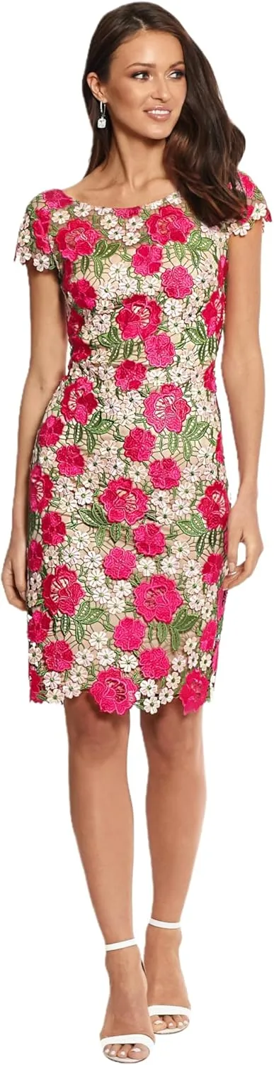 Xscape Women's Short Sleeve Floral Lace Embroidered Sheath Midi Dress