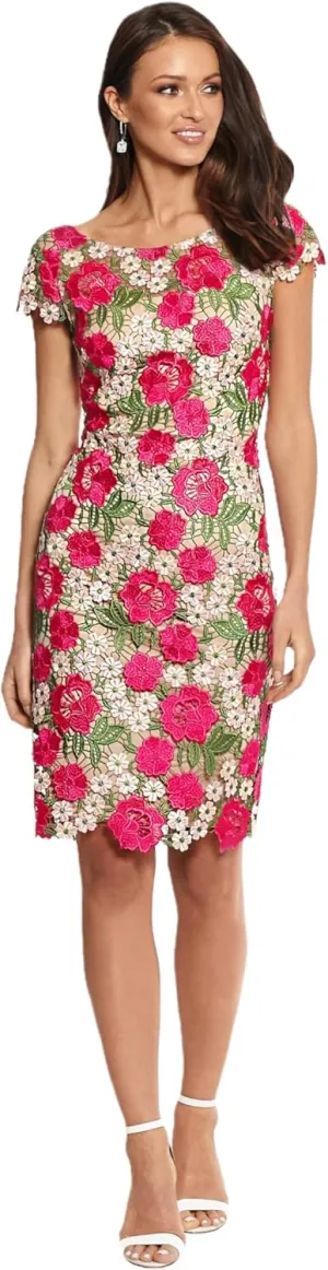 Xscape Women's Short Sleeve Floral Lace Embroidered Sheath Midi Dress