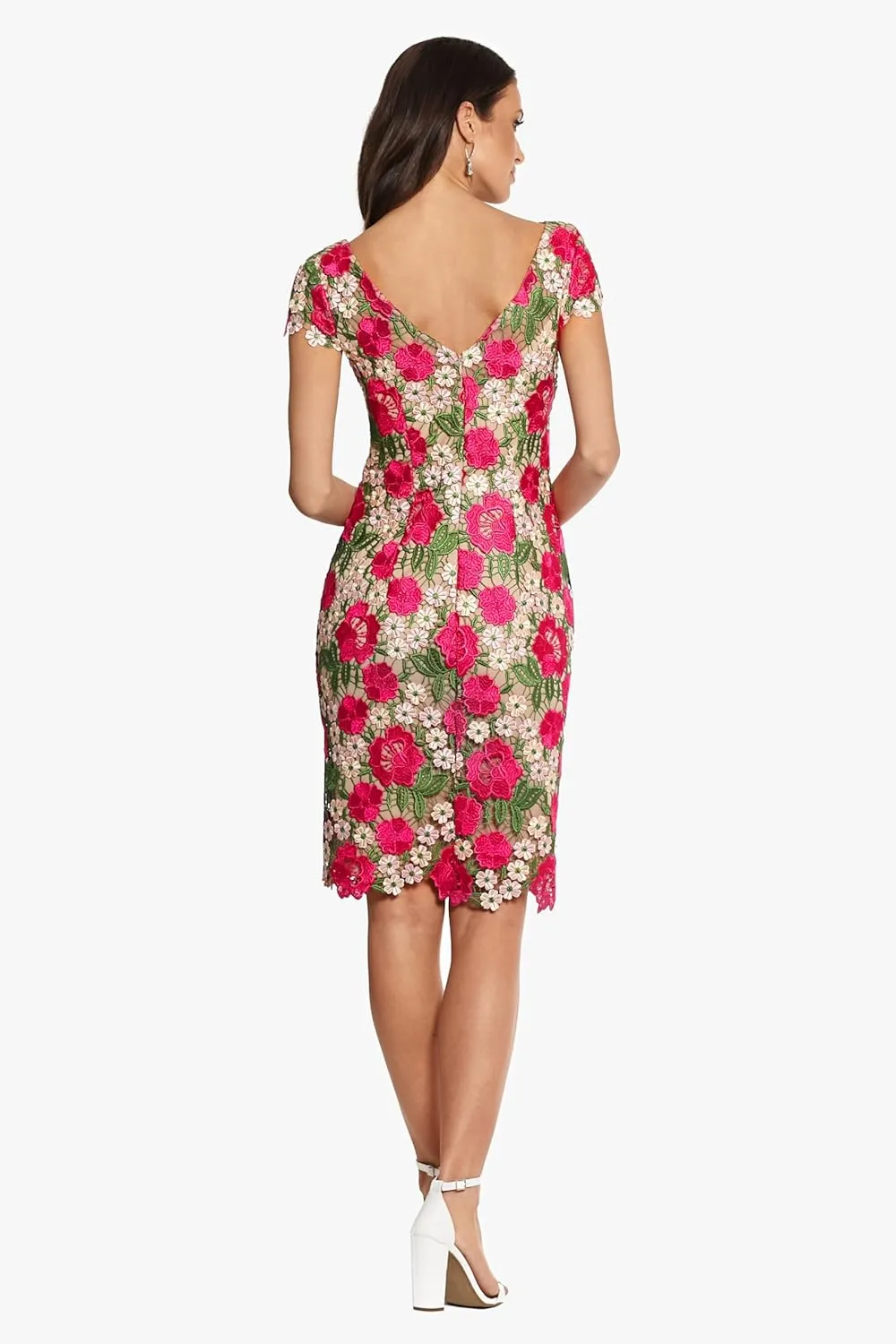 Xscape Women's Short Sleeve Floral Lace Embroidered Sheath Midi Dress