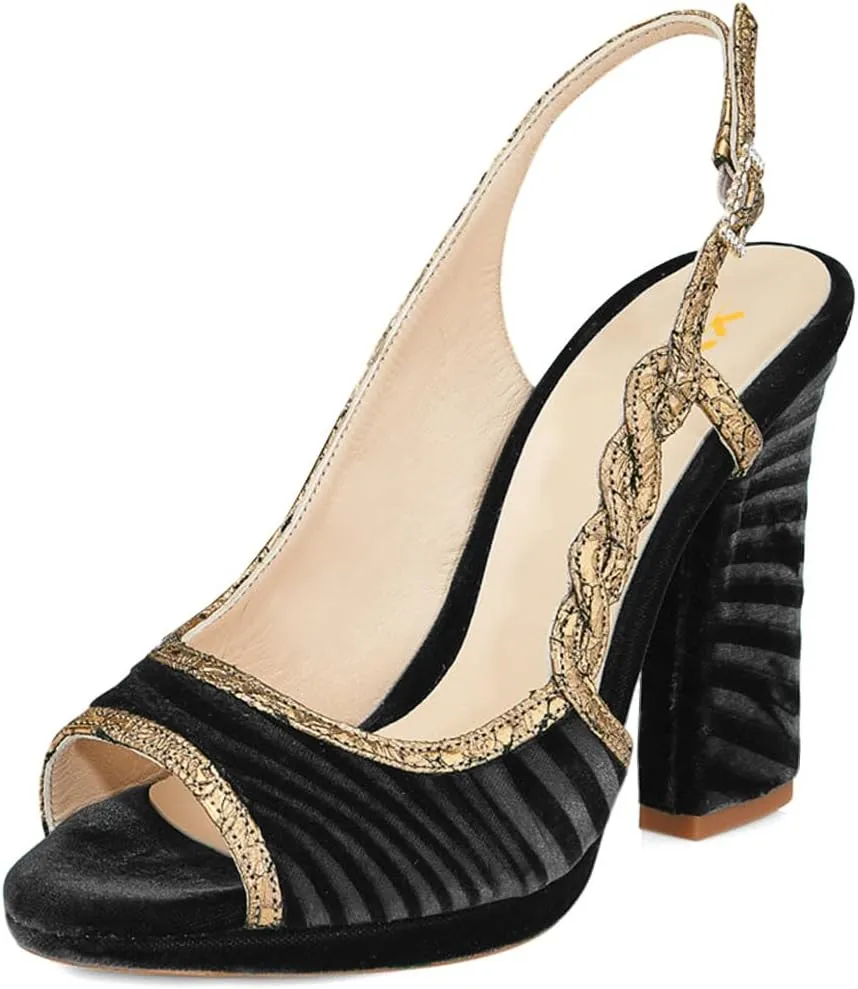 XYD Women Graceful Slingback Sandals Peep Toe Velvet Slip On Crystal Buckle Strap Block High Heel Pumps Evening Dress Shoes