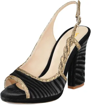 XYD Women Graceful Slingback Sandals Peep Toe Velvet Slip On Crystal Buckle Strap Block High Heel Pumps Evening Dress Shoes